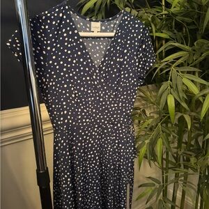 NAF NAF Navy and White Polka Dot Midi Dress